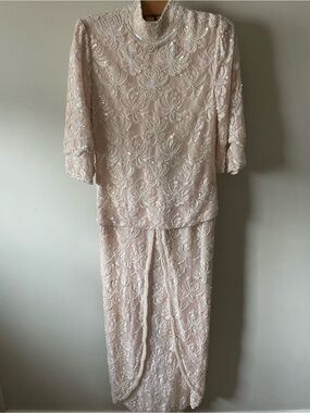 80s 90s Vintage Silk Beaded Sequin Maxi Dress Mock Neck Gala Bridal Coquette